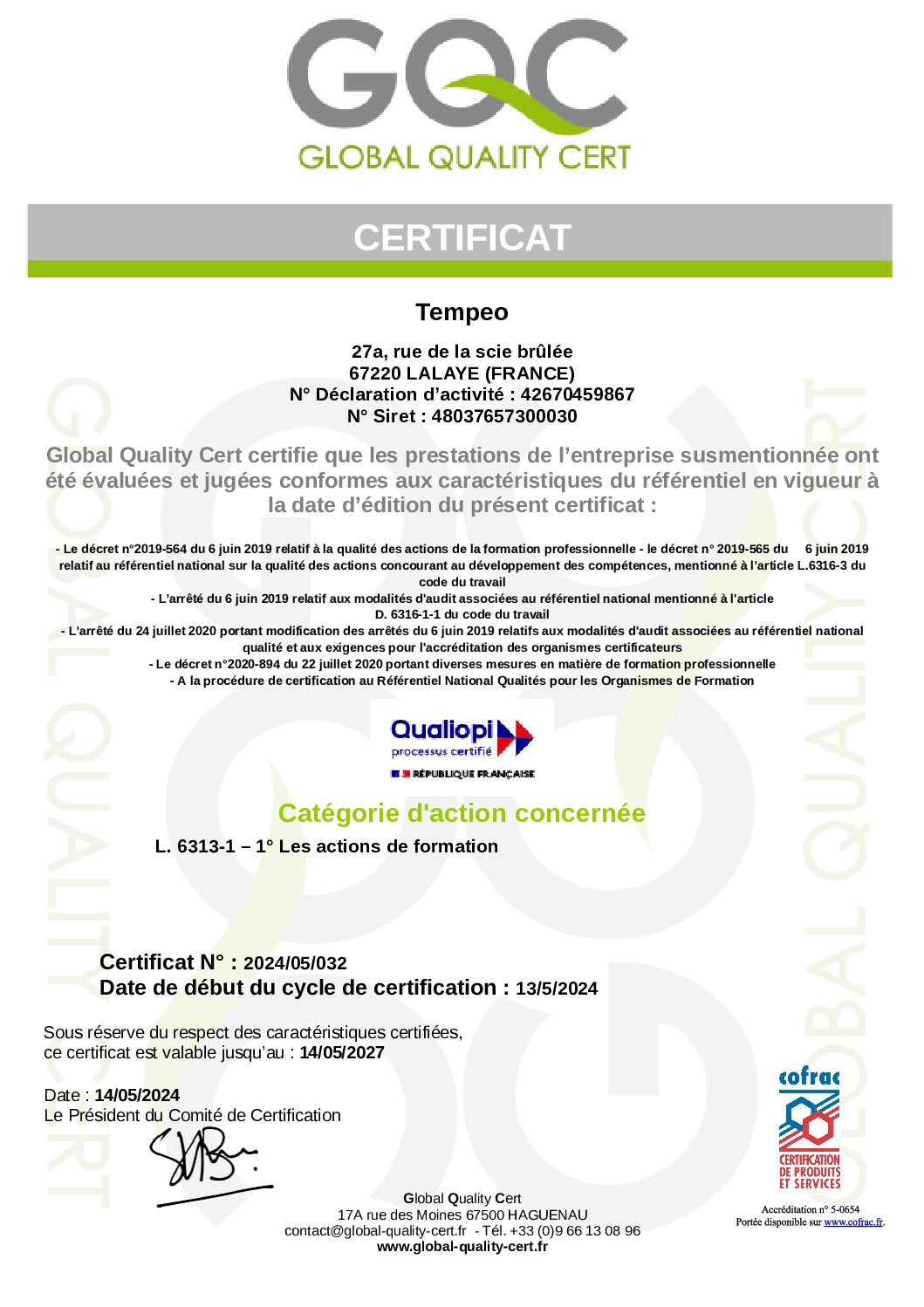 Certificat RNQ Renouvellement TEMPEO 2024