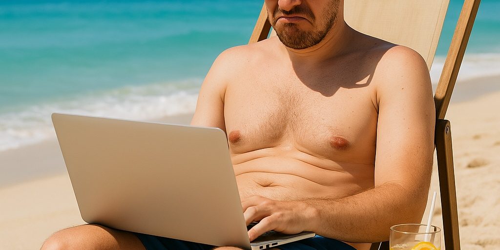 Homme PC sur la plage