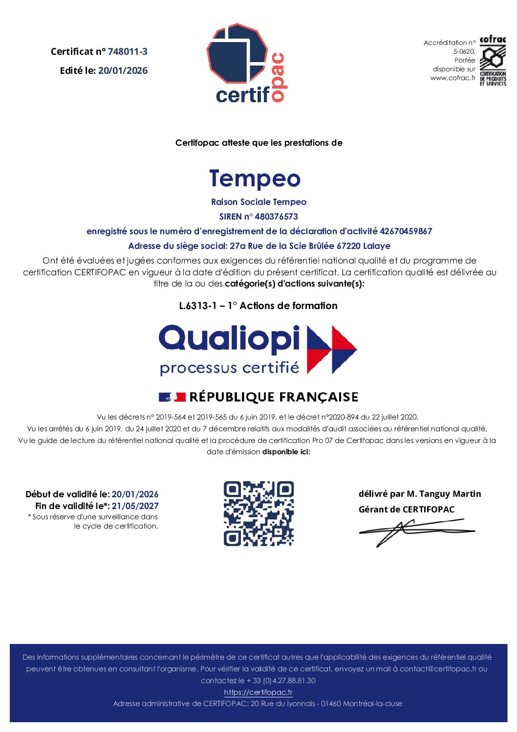 Certificat Qualiopi - Mise à jour le 20.01.2026